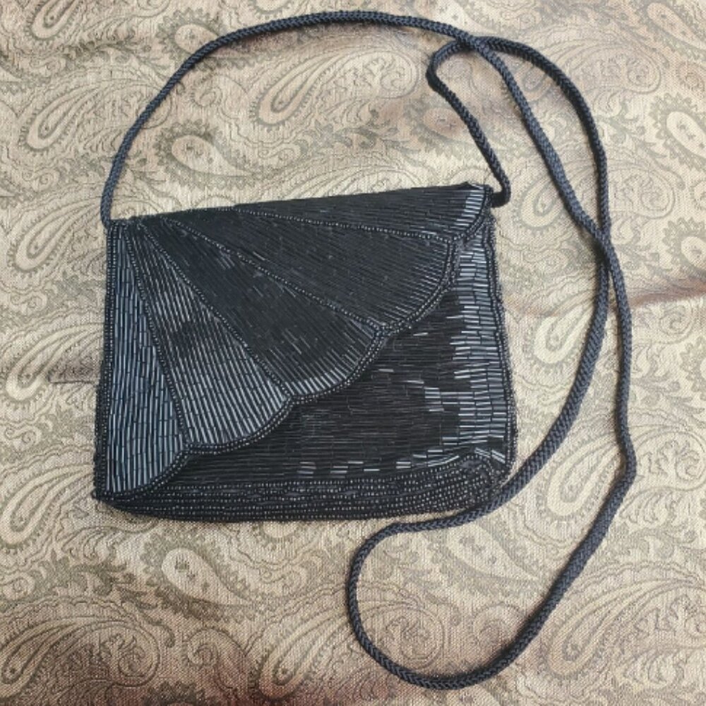 🖤 Vintage Black Beaded Evening Bag – Art Deco Shell Flap | Crossbody or Clutch